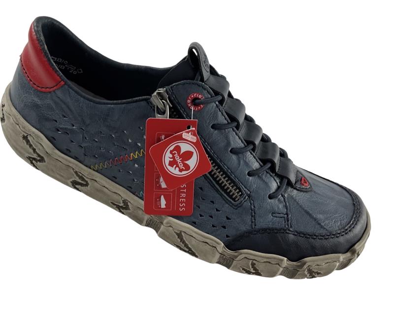 Rieker Damen Schnürschuhe L0357-12 Blau Kunstleder Reißverschluss+ Gummizug