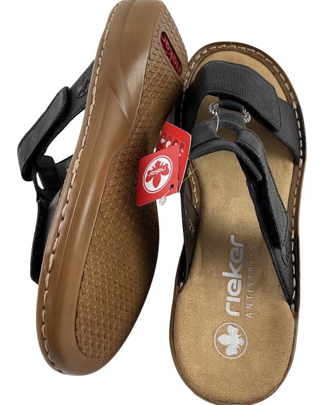 Rieker Damen Pantoletten 60885-00 Schwarz Klettverschluss