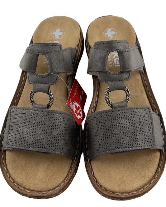 Rieker Damen Pantoletten V2885-42 Grau Klettverschluss