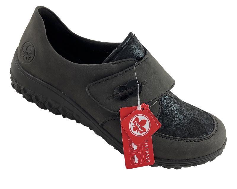 Rieker Damen Slipper 59552-45 Dunkelgrau  Klettverschluss