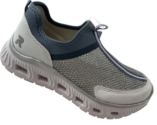 Rieker Damen Sneaker Low Slipper M6077-10 Weiß/Blau , mit luftiger Gitte