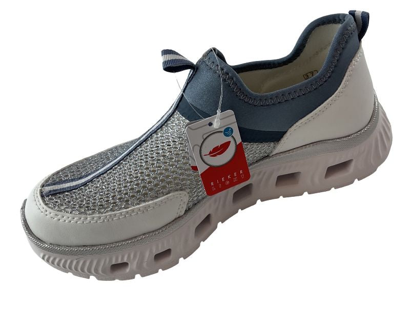 Rieker Damen Sneaker Low Slipper M6077-10 Weiß/Blau , mit luftiger Gitte