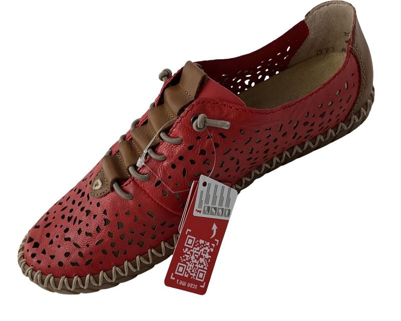 Rieker Damen Slipper M2856‑33 – Rot, Glattleder, mit Zierlochungen