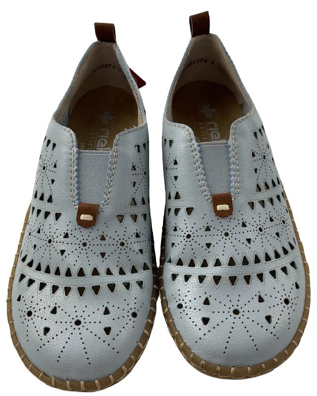 Rieker Damen Slipper N2452-10 Blau Kunsleder,Extraweite.
