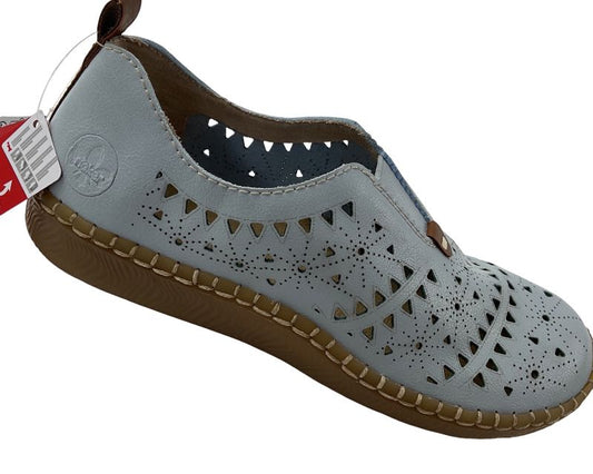 Rieker Damen Slipper N2452-10 Blau Kunsleder,Extraweite.
