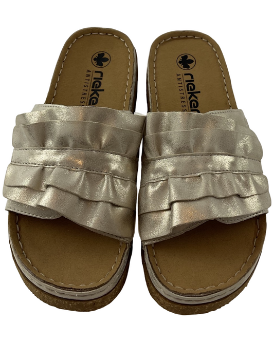 Rieker Damen  Pantoletten V8763-60 Klettverschluss,Beige/Gold  Gr.